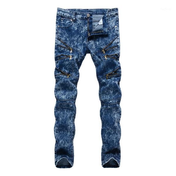 

snow wash denim jeans with zipper super skinny mid waist jeans for men1, Blue