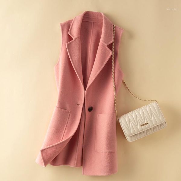 

and winter new woolen waistcoat women's wool double-sided cloth shoulder sleeveless cashmere coat woolen long coat1, Black