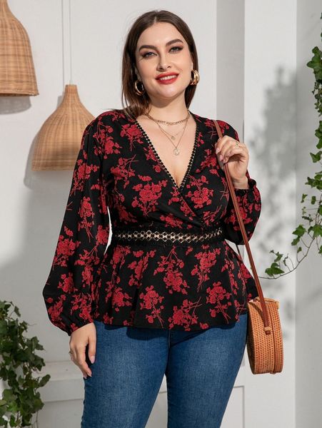

plus floral print guipure lace insert lantern sleeve blouse g8qn#, Black