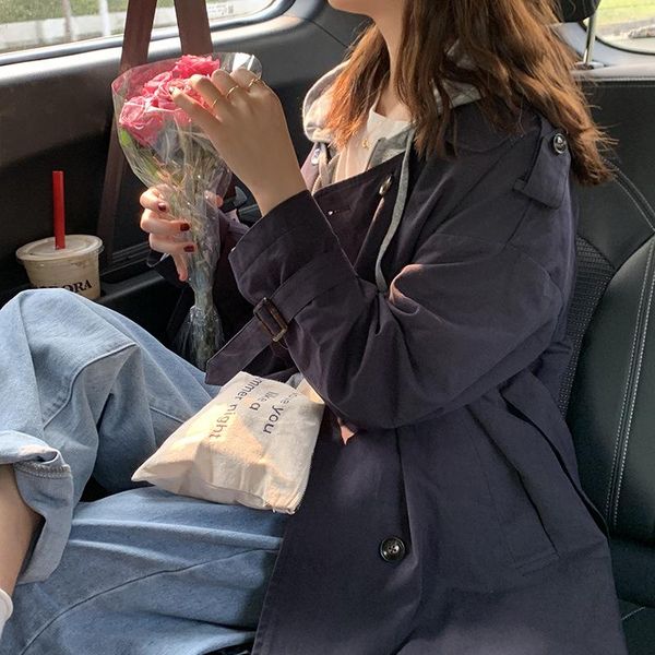 

autumn korean new women chic double-breasted lace-up high waist long loose windbreaker trench coat fashion streetwear 2020, Tan;black