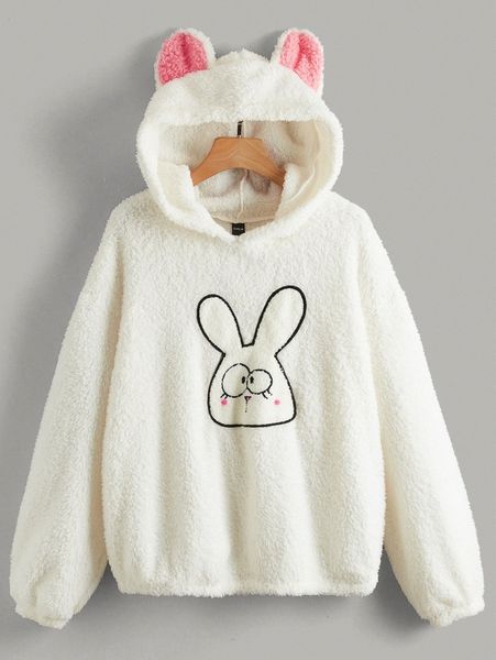 

rabbit embroidered 3d ear design teddy hoodie o3tr#, White;black