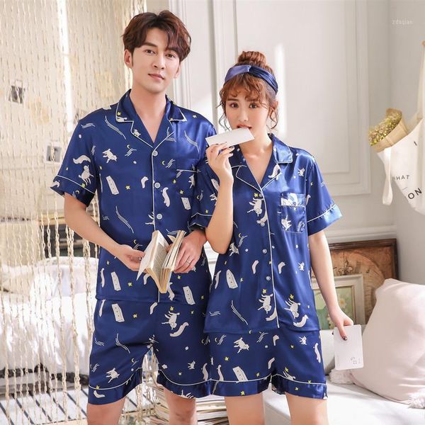 

printed couple pajamas set satin sleep set short sleeve shorts pyjamas suit summer thin nightwear sleepwear1, Black;brown