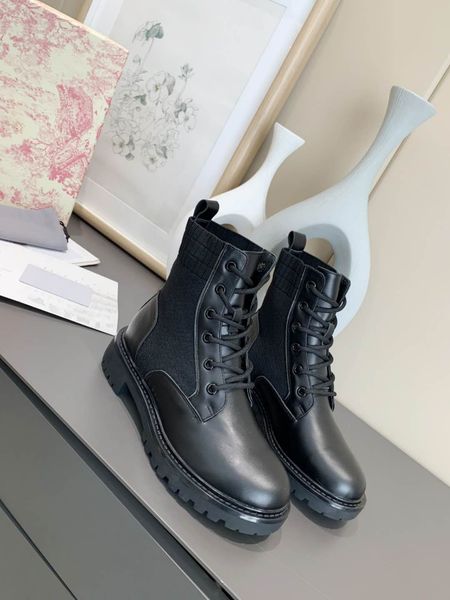 

designer womens boots luxury black leather sitiching knitted socks lace decoration round head low heel with box size 35-40