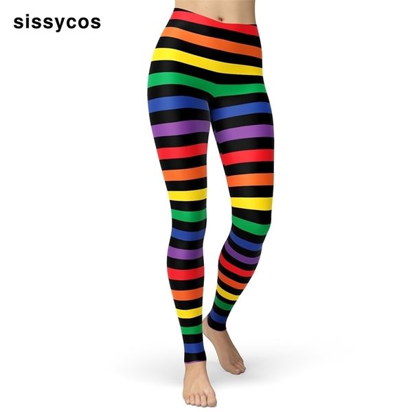 Leggings de impressão de arco-íris para mulheres LGBT multi-color listras padrão push up calça elástico escovado macio macio calças 211221