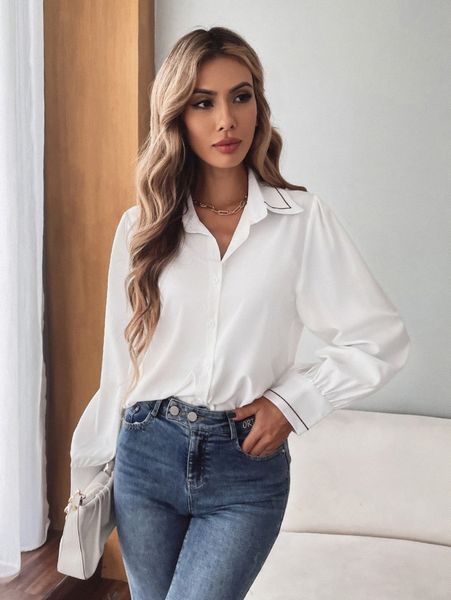 

collared button up contrast binding blouse f8cs#, White
