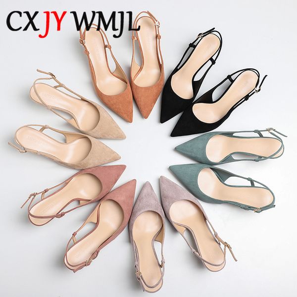 

shoes woman 2020 spring 6cm thin high heels slingbacks female pointed toe solid flock women's shoes office lady elegant sandals t200529, Black
