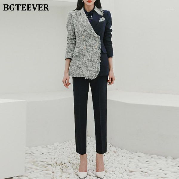 

bgteever chic autumn winter women pant suits elegant patchwork slim suit jackets & straight leg pants female blazer set 20211, White