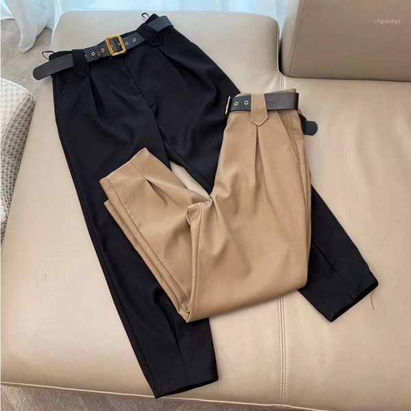 

8.29 cotton blend solid color twill wide leg tapered pants patchwork metal belt casual loose ankle-length pants women 2020 new1, Black;white
