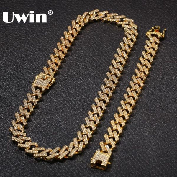 

uwin ne+ba fashion jewelry necklaces & bracelets 15mm fashion gold color iced out 2 row prong cuban link chains for men women, Silver