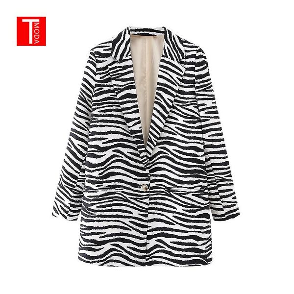 

tmoda343 striped printed casual loose zebra blazer coat notched long sleeve one button pocket new fashion 2021 spring women m758, White;black