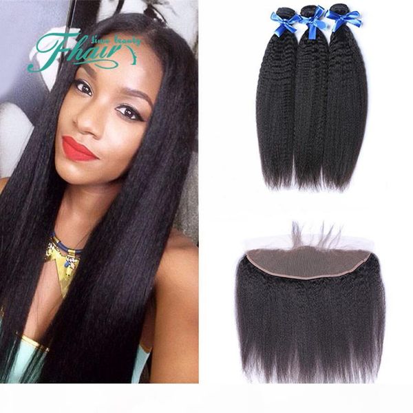 

afro yaki straight lace frontal closure with bundles 13x4 lace frontal with bundles brazilian coarse yaki human hair frontal and bundles, Black
