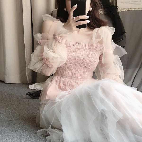 

strap bowtie off shoulder long sleeve fairy tulle blouse gauze ruffles cute summer peplum chemise blusa 2020 women shirt1, White