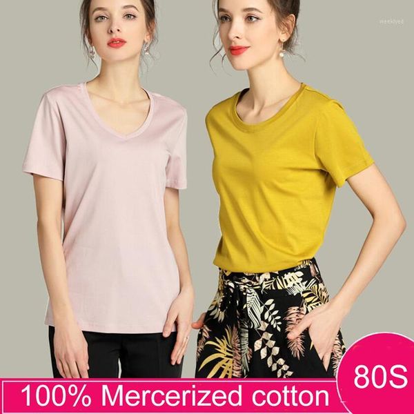 

quality slim style women basic t shirt mercerized cotton 80s tee shirts woman solid color tshirt for ladies simple, White