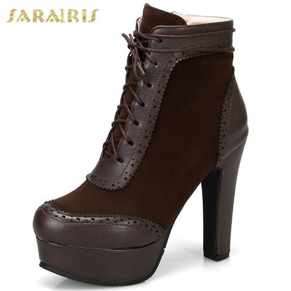 

sarairis 2020 dropship big size 50 platform vintage shoelace brogue ankle boot high heels winter shoes women boots female1, Black