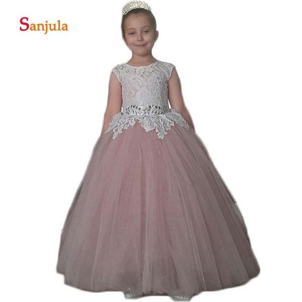 

blush pink tulle formal dress for little girls lace with beaded flower girls dresses 2020 puffy a-line open back dresses d70, Red;yellow