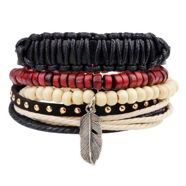 

vintage leaf feather multilayer leather bracelet men fashion braided handmade star rope wrap bracelets & bangles m wmtpyj, Golden;silver
