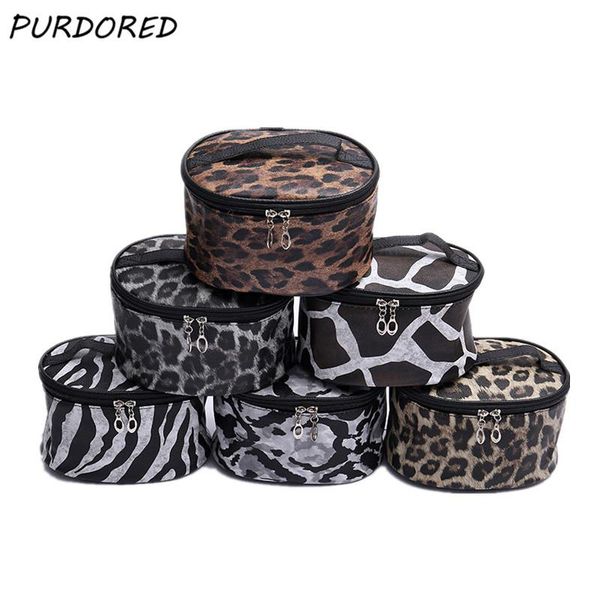 

purdored 1 pc leopard cosmetic bag pu leather women large capacity make up bag barrel shaped travel organizer beauty case