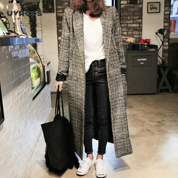 

uvrcos autumn winter cashmere trench jacket women long casual plaid coat thickness warm woolen coat button pocket jackets outwea1, Black