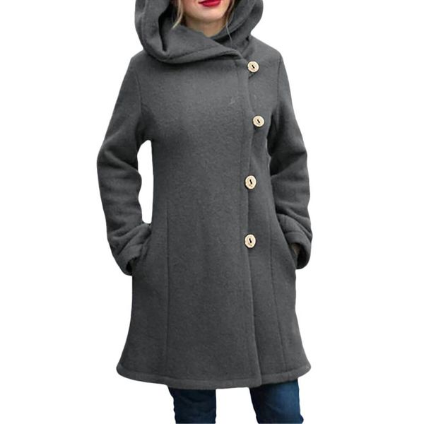 

hooded button wool coat women solid color female overcoat grey winter warm long outerwear winter coats, Black