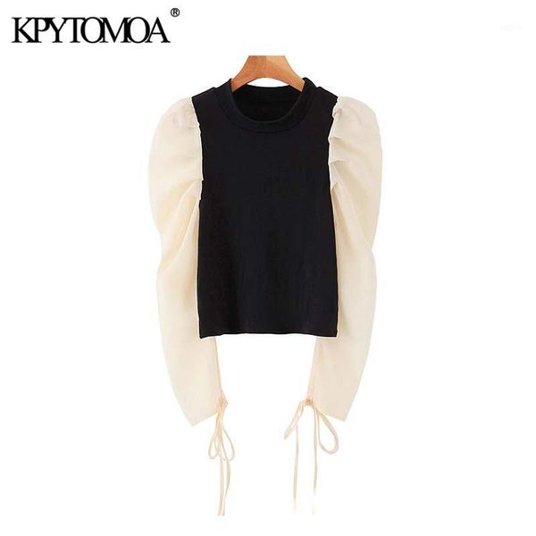 

vintage stylish organza patchwork short style knitted blouses women 2019 fashion o neck puff sleeve female shirts chic 1, White