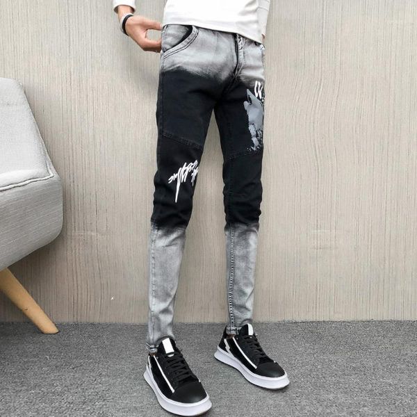 

spring jeans men brand new all match denim pants men hip hop patchwork color print streetwear slim fit jeans trousers1, Blue