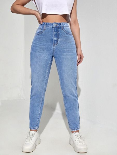 

high waist bleach wash mom jeans v8bv#, Blue
