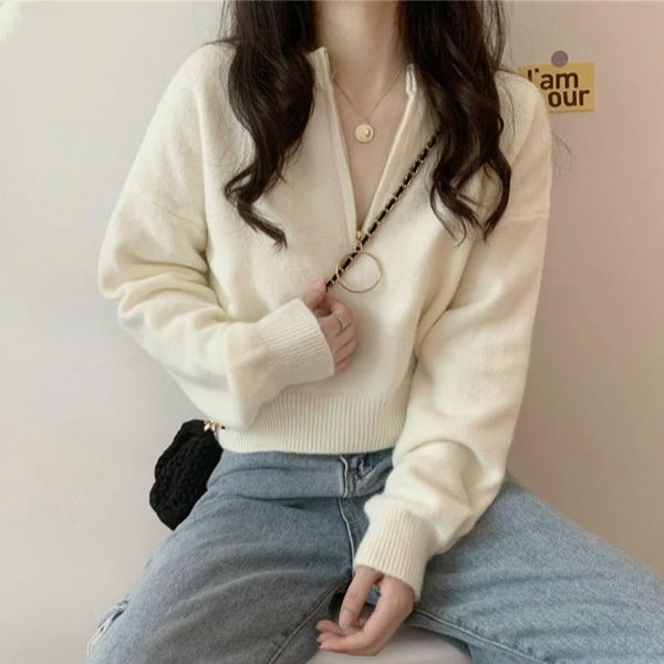

ewq] 2021 spring women gentle casual zipper v-neck loose soft minimalist solid color long sleeve pullover knit sweater 8q867, White;black