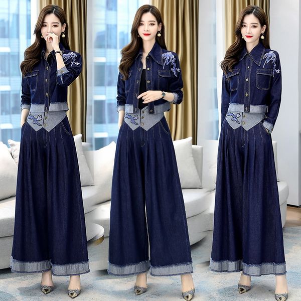 

denim wide leg suit 2020 new women's autumn foreign styleage suit pants suitwide leg pants suitreduction fashionthin temperamentgoddess, Gray