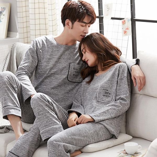 

couple pajamas spring and autumn ladies cotton long-sleeved cotton korean version plus size men's gray suit pyjama homme fashion, Black;brown