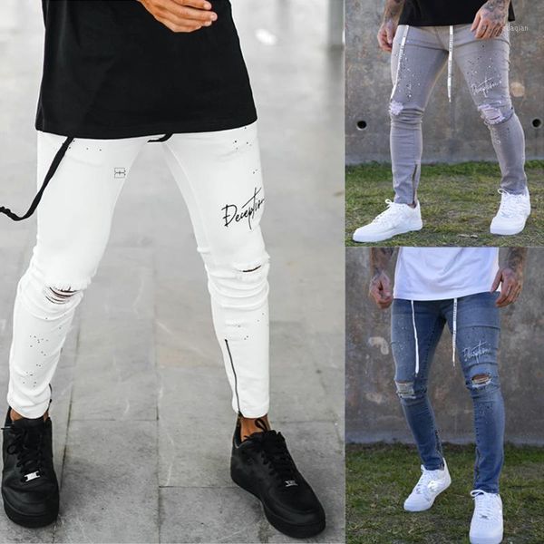 

men's jeans men pants fashion male drawstring hole street slim casual full length pencil trousers 20211, Blue