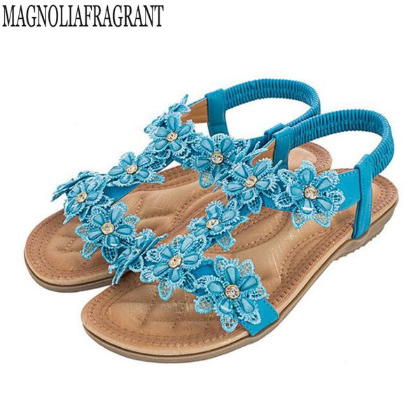 

comfortable flat sandals women large size summer shoes woman bohemia flowers rhinestone beach ladies shoes flip flops c473 y200702, Black