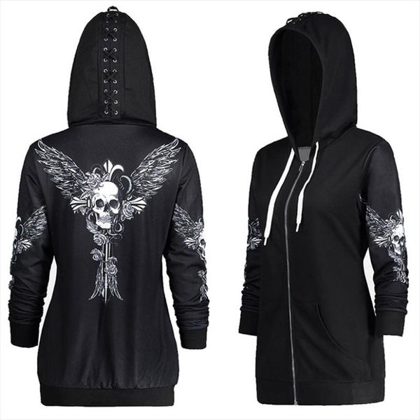 

autumn punk women skull wings print halloween zip up hoodie long sleeve spring sweatshirt coat cool hoodie sudaderas mujer dg245, Black