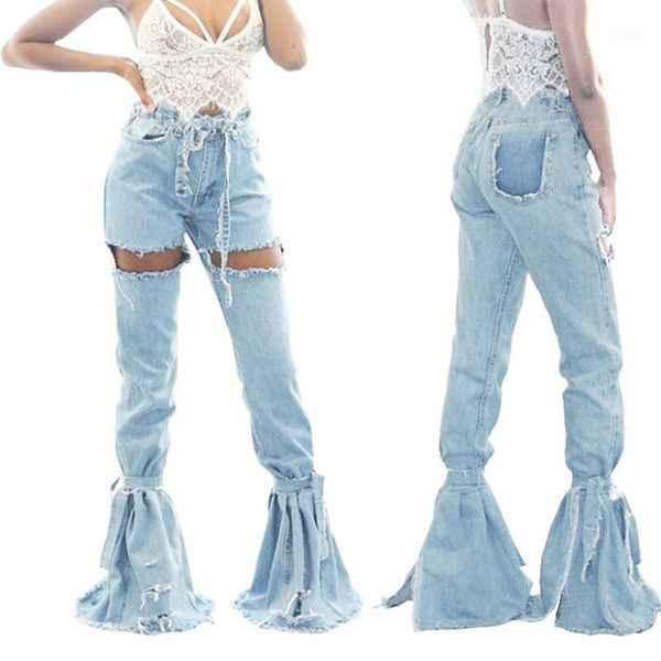 

2019 new spring women blue mid waist flare bell bottoms ladies stretching hole jeans fashion wide leg denim trousers#g301