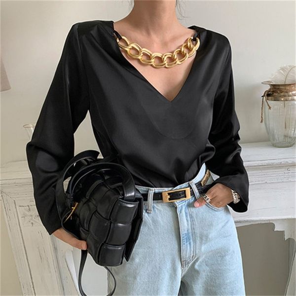 

2021 new korean chic niche temperament v-neck metal chain decoration slim long-sleeved front and back shirt i34i, White