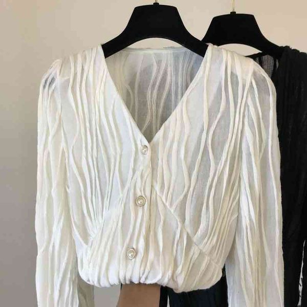 

women's blouses & shirts spring and autumn korean version ins specific novel pleated material loose wild v-neck shirt women jk4t, White