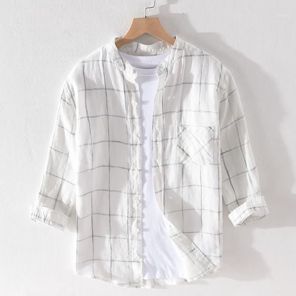 

three-quarter sleeved large plaid pure linen shirt men brand fashion stand collar shirts for men casual fashion shirt mens1, White;black