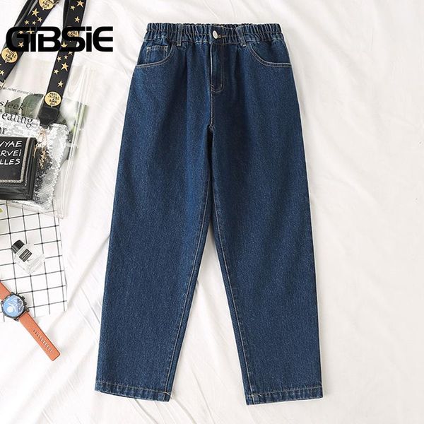 

gibsie plus size button up elastic waist loose woman jeans korean style casual pockets high waist jeans cotton women denim pants, Blue