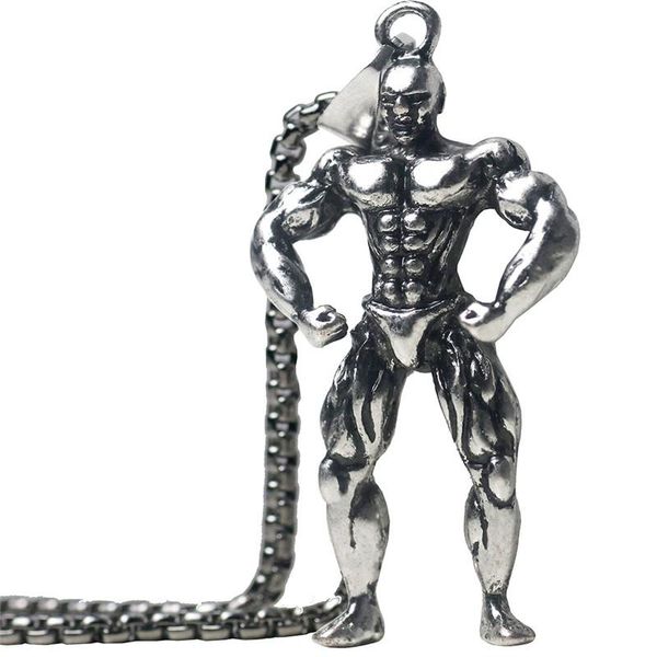 

fitness strong man pendant necklace stainless steel chain necklace workout gym charms men sports hip hop jewelry, Silver
