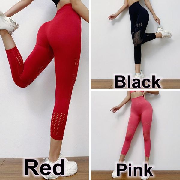 

seamless solid sports leggings high waist hollow gym leggings sport women fitness push up yoga 3/4 pants slim running, White;red