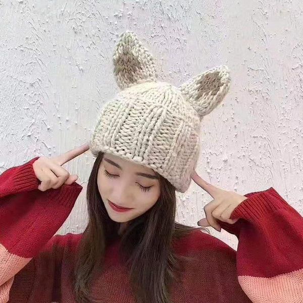 

beanie/skull caps fashion ears knitted beanies women's autumn winter ins hats for women bonnet warm cold hat tide beanie, Blue;gray