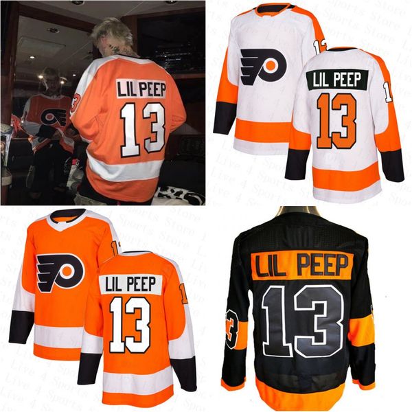 

custom fashion star lil peep #13 philadelphia flyers hockey jerseys stitched name number orange black white mens s-xxxl