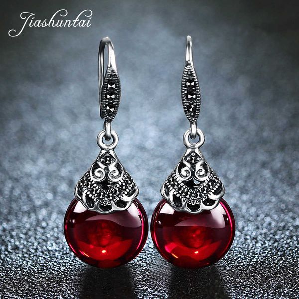 

jiashuntai retro 100% 925 sterling silver round garnet drop earrings for women natural red gemstone ruby fine jewelry gifts