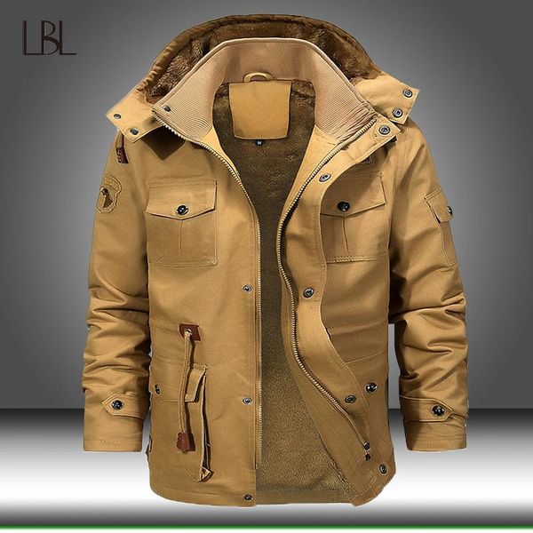 

multi pocket cargo bomber jackets men winter warm hoody jacket mens fleece hip hop windbreaker coats male tactical coat, Black;brown