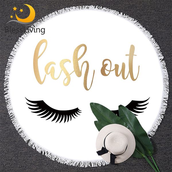 Blessliving Eyelash Round Beach Asciugamano Oro Nero Bianco Bianco Coperta Cute Eyes Yoga Mat con nappa Elegante Girls Love Lips Tapestry 201027