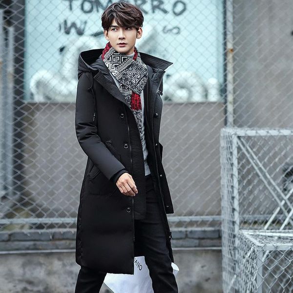 

plus size new men down jacket with thick hood for warm casual coat winter coat long sleeve zip button, Black