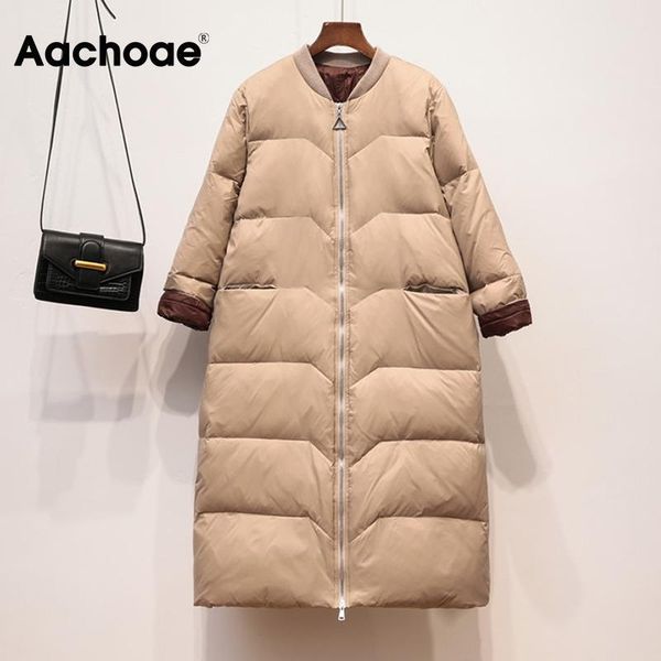 

aachoae elegant women ultra light duck down coat winter solid thick warm long jacket casual long sleeve zipper up coat outerwear, Black