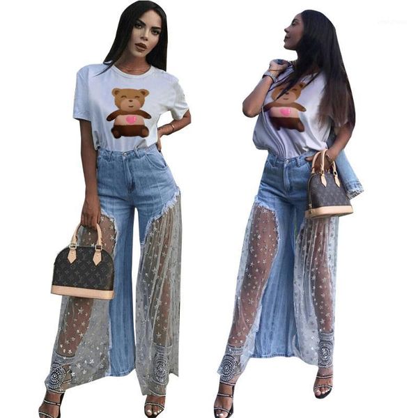 

personality splicing five-pointed star mesh yarn splicing frilled jeans star perspective wide-leg pants woman1, Blue