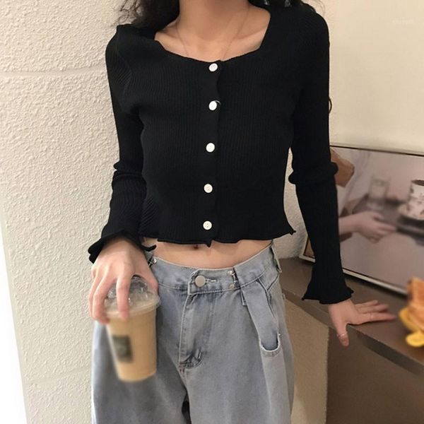 

spring autumn thin knitted cardigan women korean style solid long sleeve v neck single breasted crop coat1, Black;brown