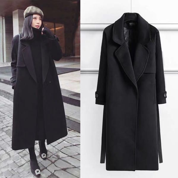 

hodisytian spring women wool blends trench coat elegant outerwear casual loose cardigan female cashmere overcoat korean versionx1020, Black
