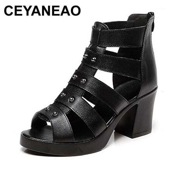 

ceyaneao 2020 summer new ladies wearing sandals, hollow hollow zipper with high heel thick bottom fish mouth female roman boots1, Black